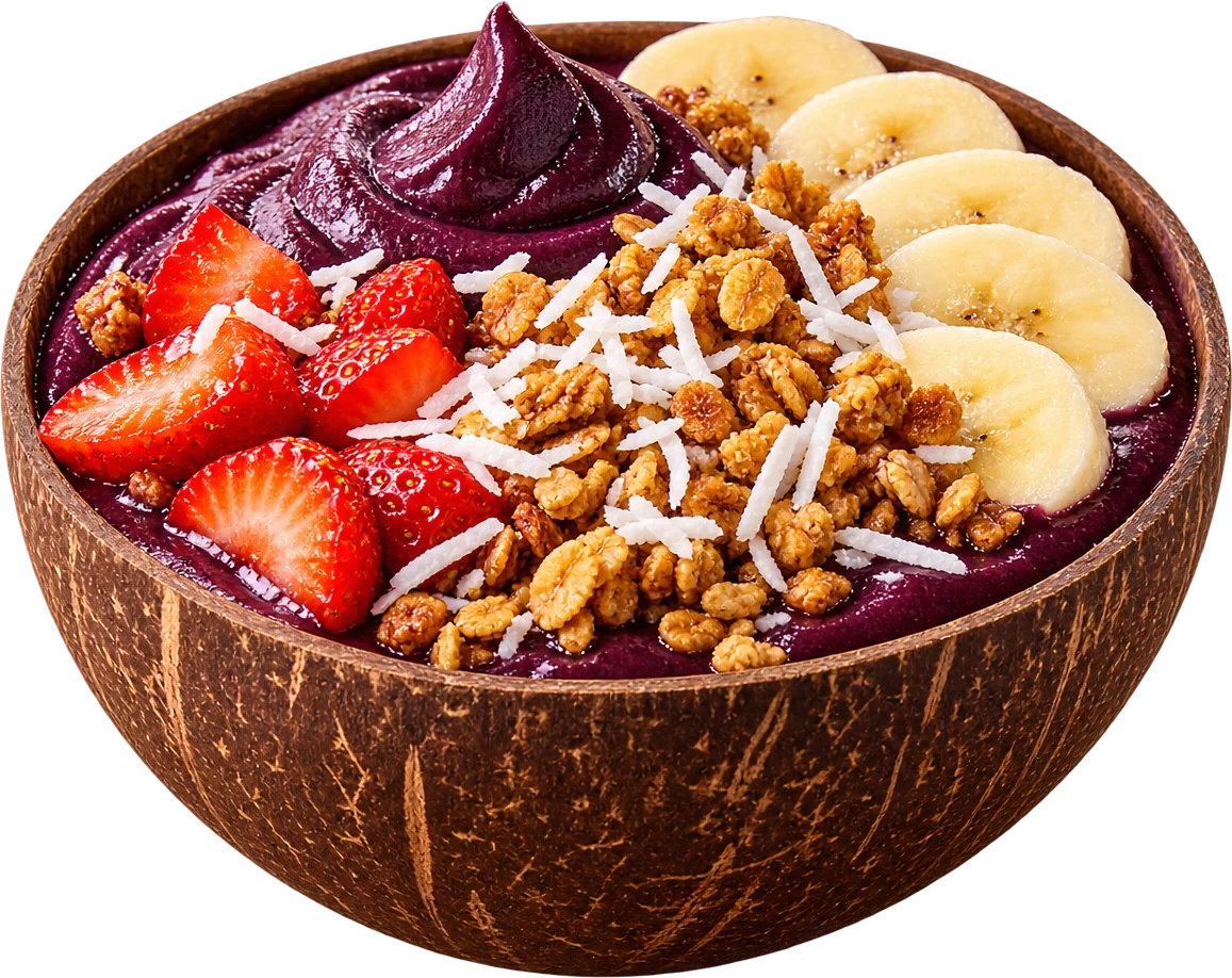 Tigela de açaí com morango, banana, granola e coco