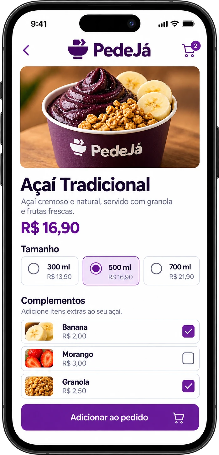 Celular mostrando a página de um açaí com tamanhos e complementos